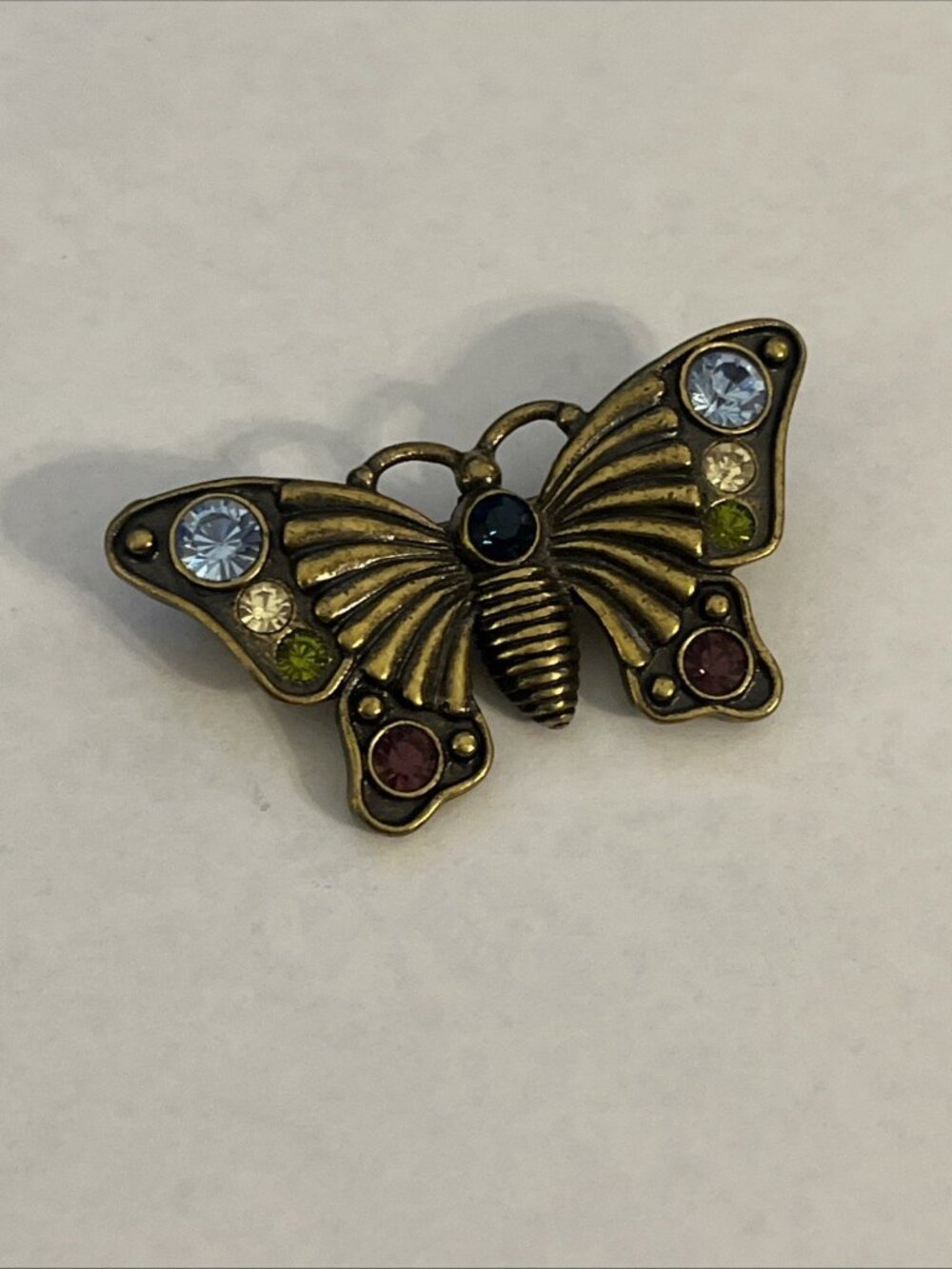 Vintage Art Deco Style Yellow Gold Tone w/Glass Stone Butterfly Brooch Pin
